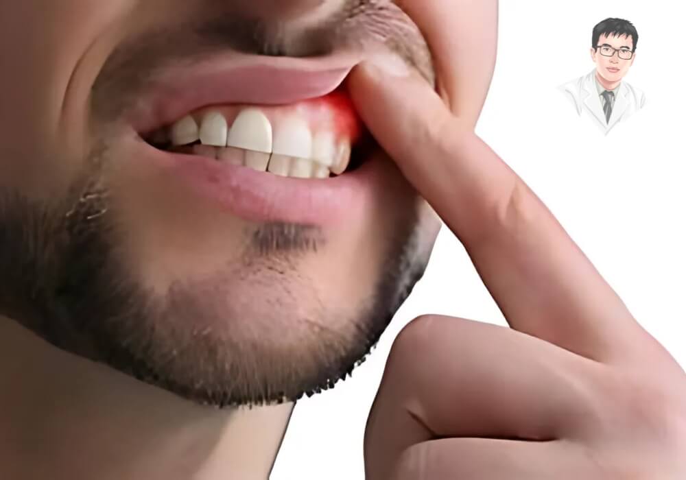 Hình ảnh một người đàn ông chạm vào vùng nướu bị tụt, cho thấy dấu hiệu của bệnh tụt nướu răng. Đây là một trong những dấu hiệu ban đầu mà nhiều người bỏ qua.