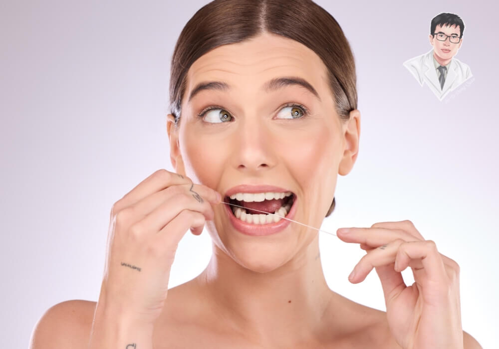 Một phụ nữ đang sử dụng chỉ nha khoa, một trong những cách hiệu quả để chăm sóc nướu tại nhà, giúp phòng ngừa tụt nướu răng và viêm lợi.