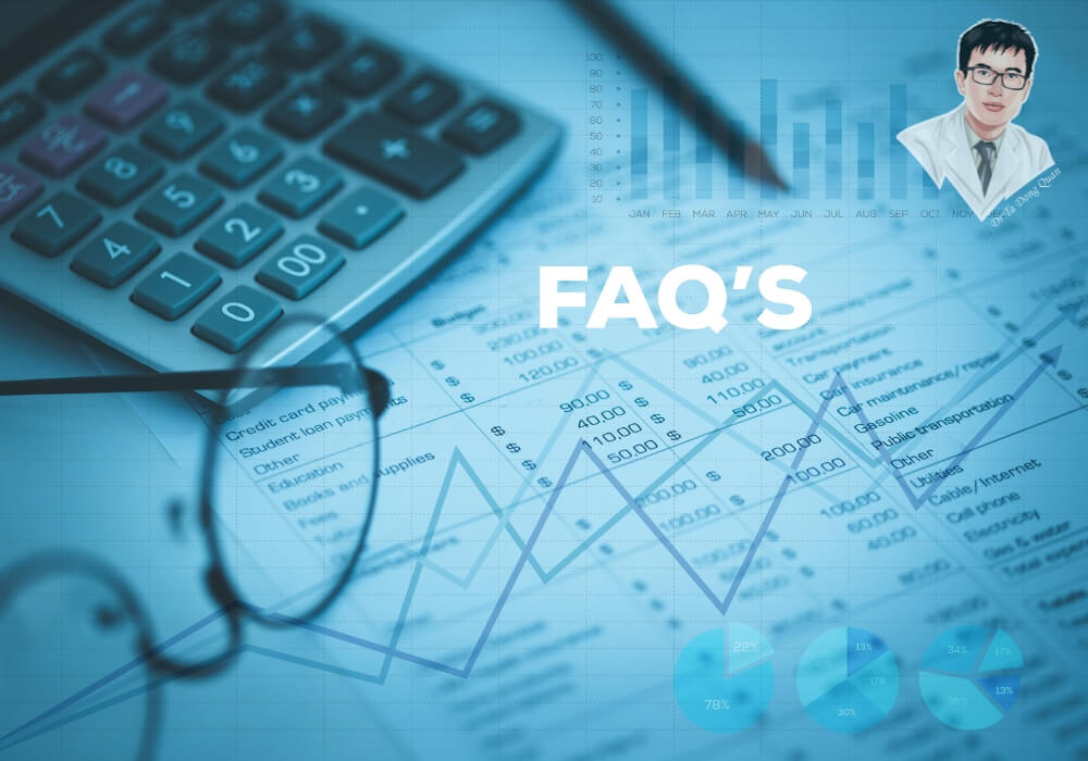 Hình nền chủ đề FAQ với biểu tượng kính lúp và tài liệu, thường dùng trong phần giải đáp thắc mắc về cấy ghép implant.