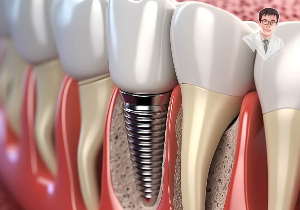 Mô phỏng cấu tạo trụ implant cấy vào xương hàm sau khi nhổ răng, thể hiện rõ quá trình tích hợp giữa trụ và mô xương.