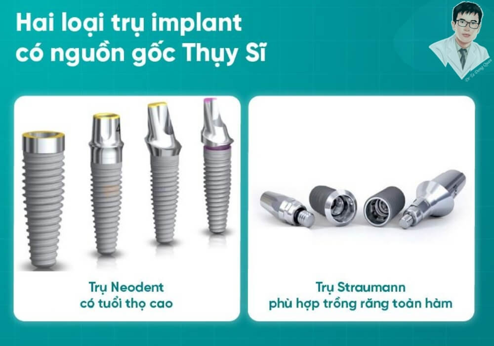 Hình minh họa các loại trụ implant phổ biến, gồm trụ Neodent và trụ Straumann có nguồn gốc Thụy Sĩ.